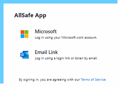 AllSafe App login screen