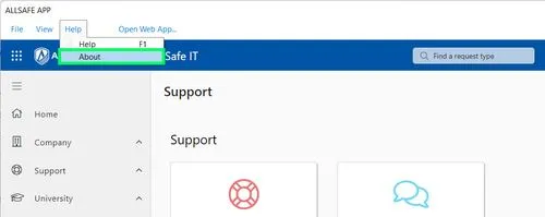 AllSafe App showing Help > About menu