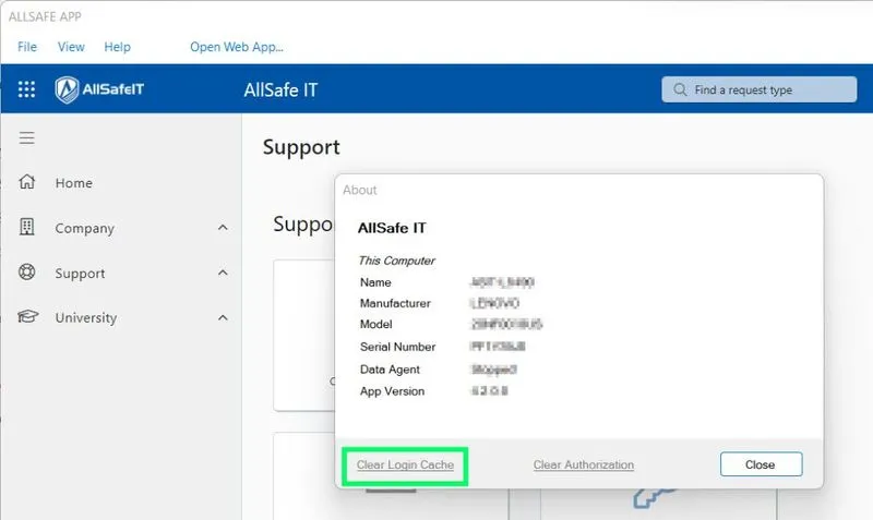 AllSafe App About dialog with Clear Login Cache button