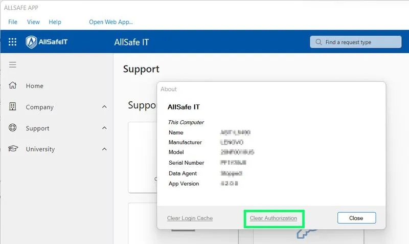 AllSafe App About dialog with Clear Authorization button