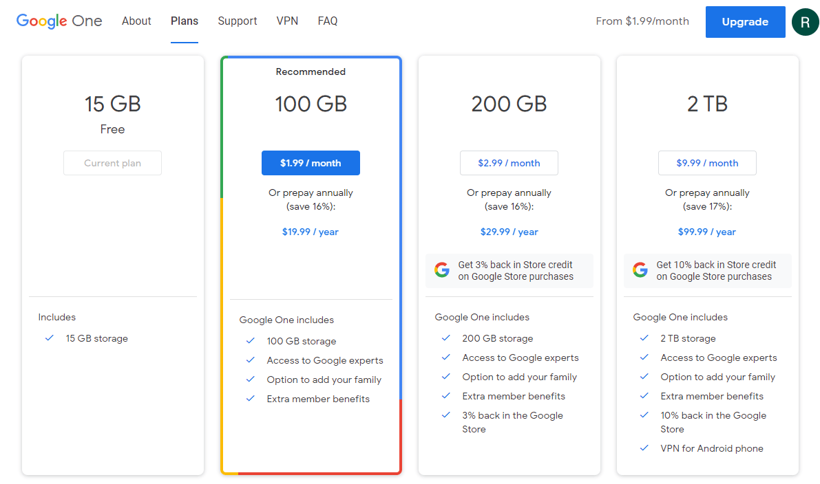 Screenshot of Google One storage pricing tiers