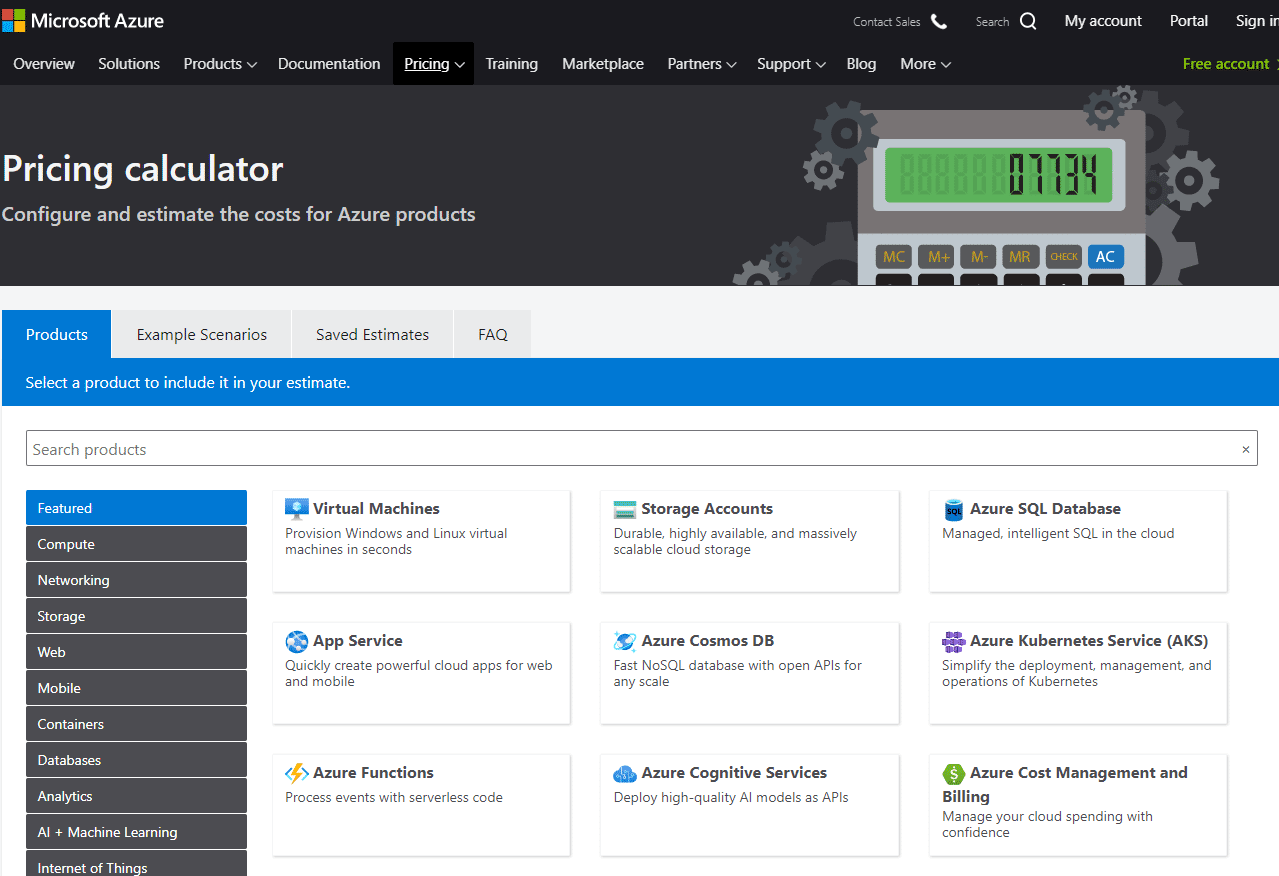 Screenshot of an online pricing calculator for Microsoft Azure