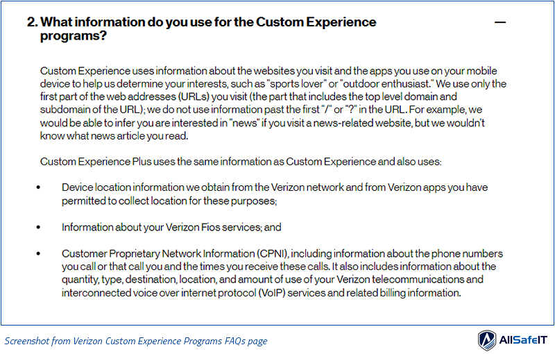 Screenshot from Verizon Custom Experience Programs FAQs