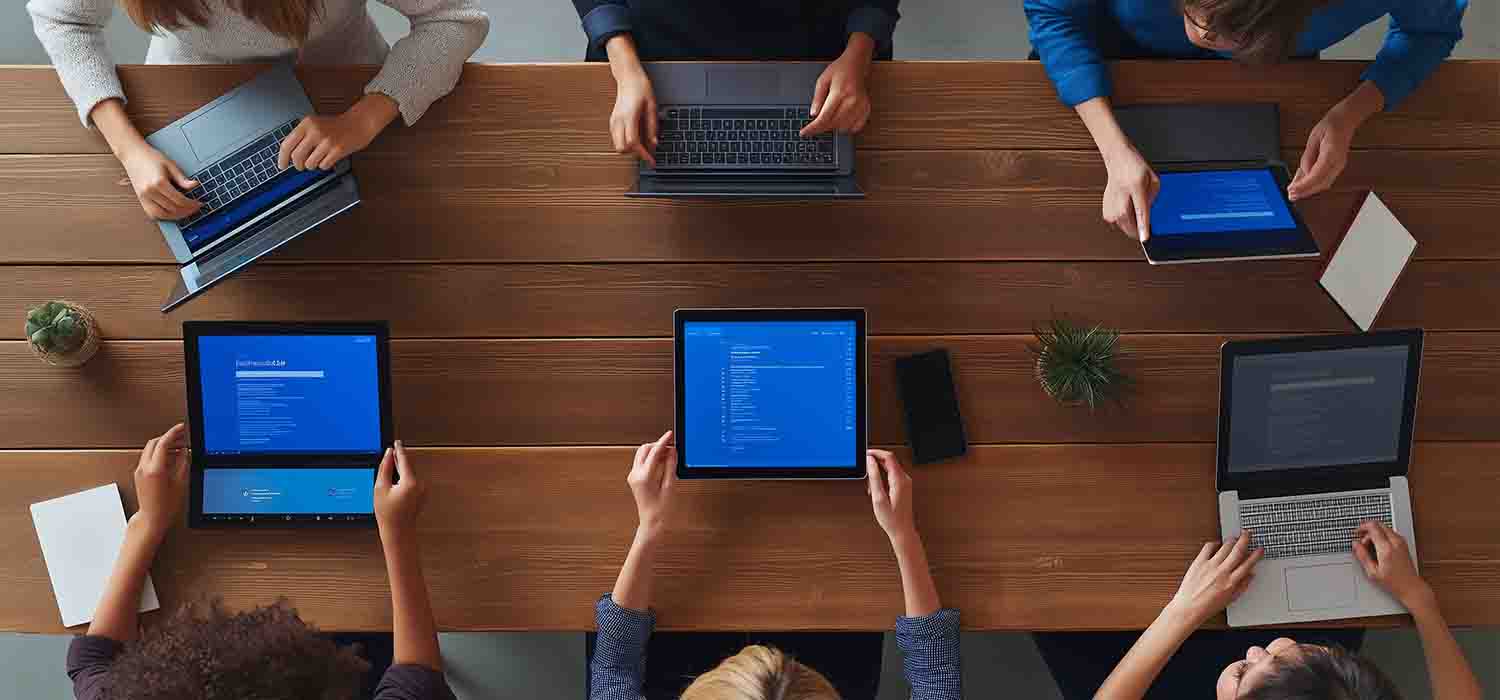 Team collaborating using Microsoft 365 apps on multiple devices