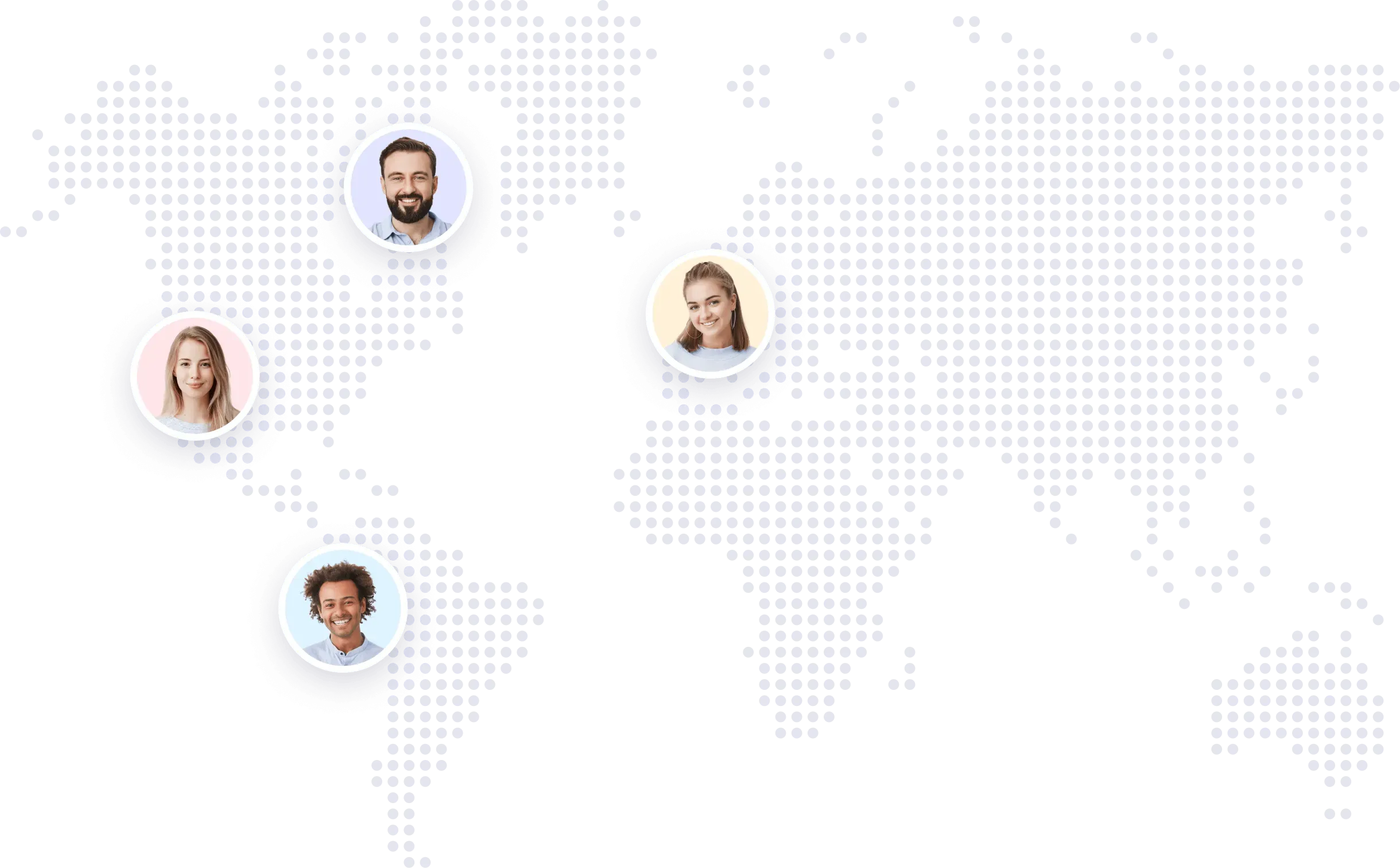 Pixelated world map with four circular portraits of diverse people placed over different continents.